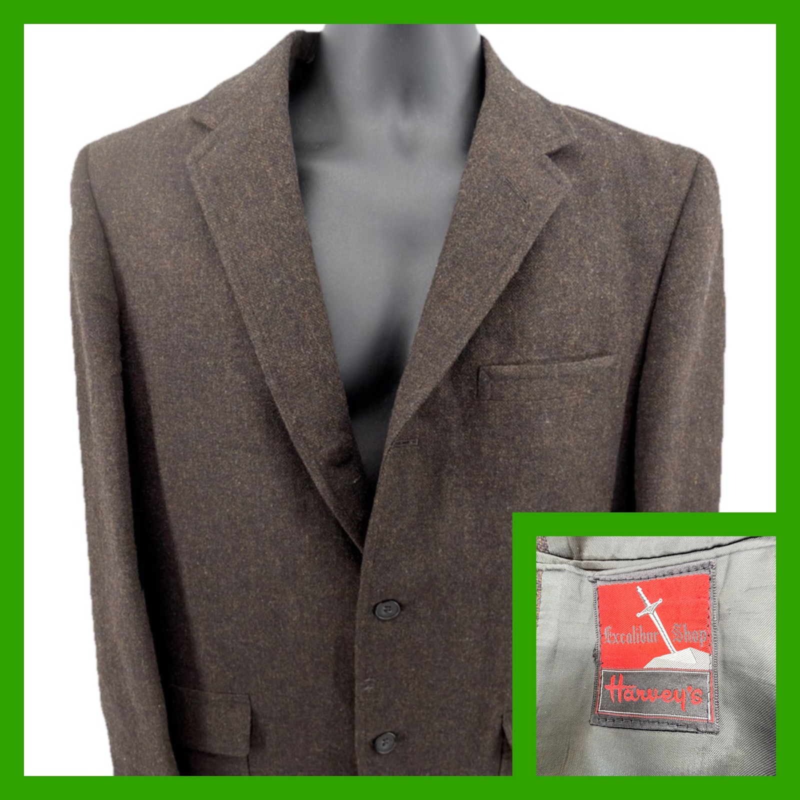 Vtg 1969 Harvey's Excalibur Shop 2pc Wool Suit 40r Brown Tweed Union Made 60s